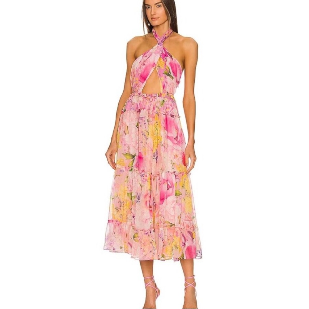 Rococo Sand Leona Pink Floral Cutout Halter Neck Midi A-Line Dress